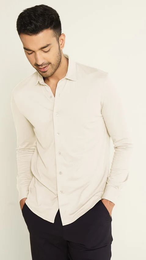 Mens All-Degree Full Sleeve Pique Shirts Ivory White | DaMENSCH