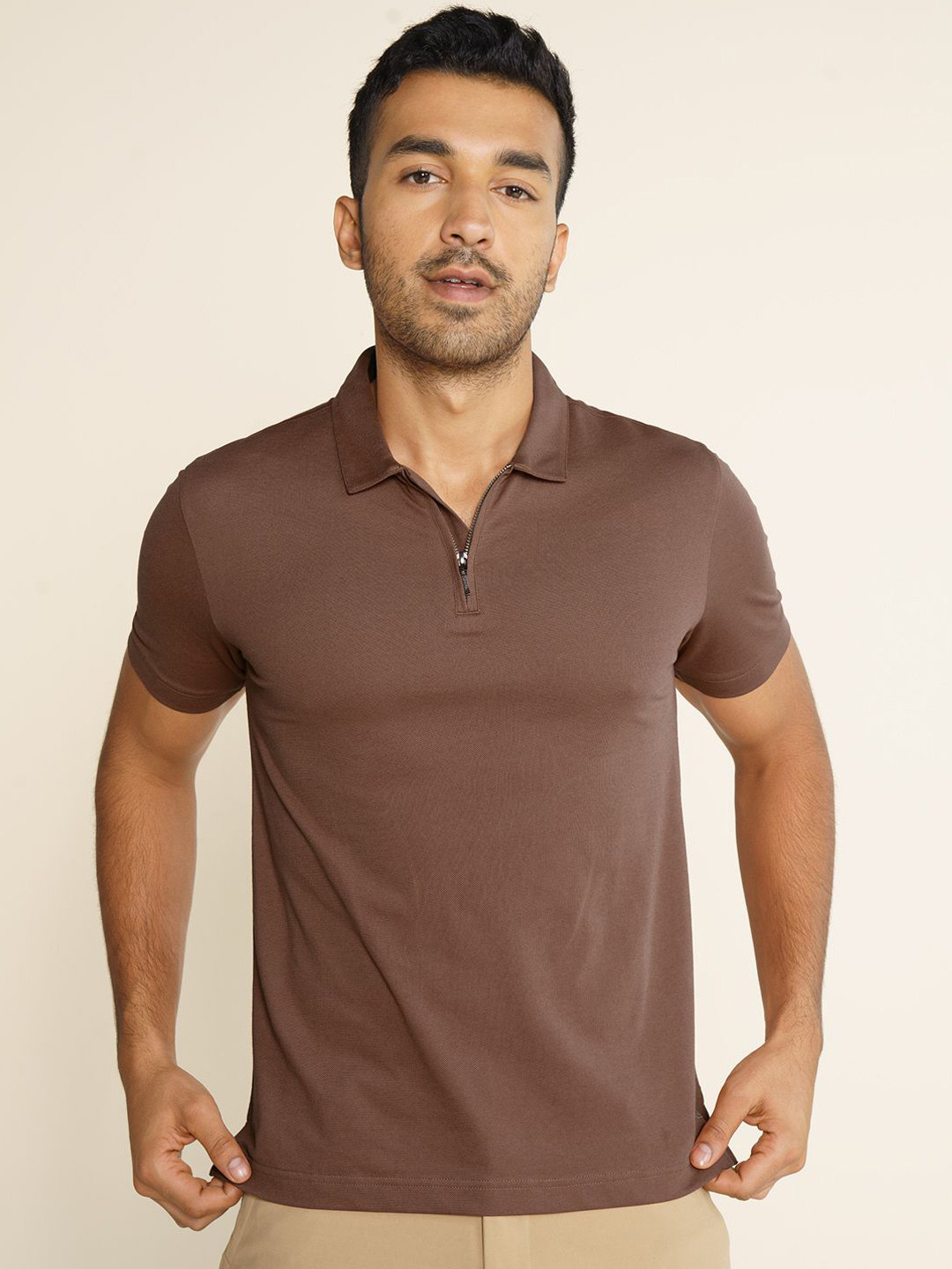 Constant All-Degree Pique Polo Zipper- Russet Brown