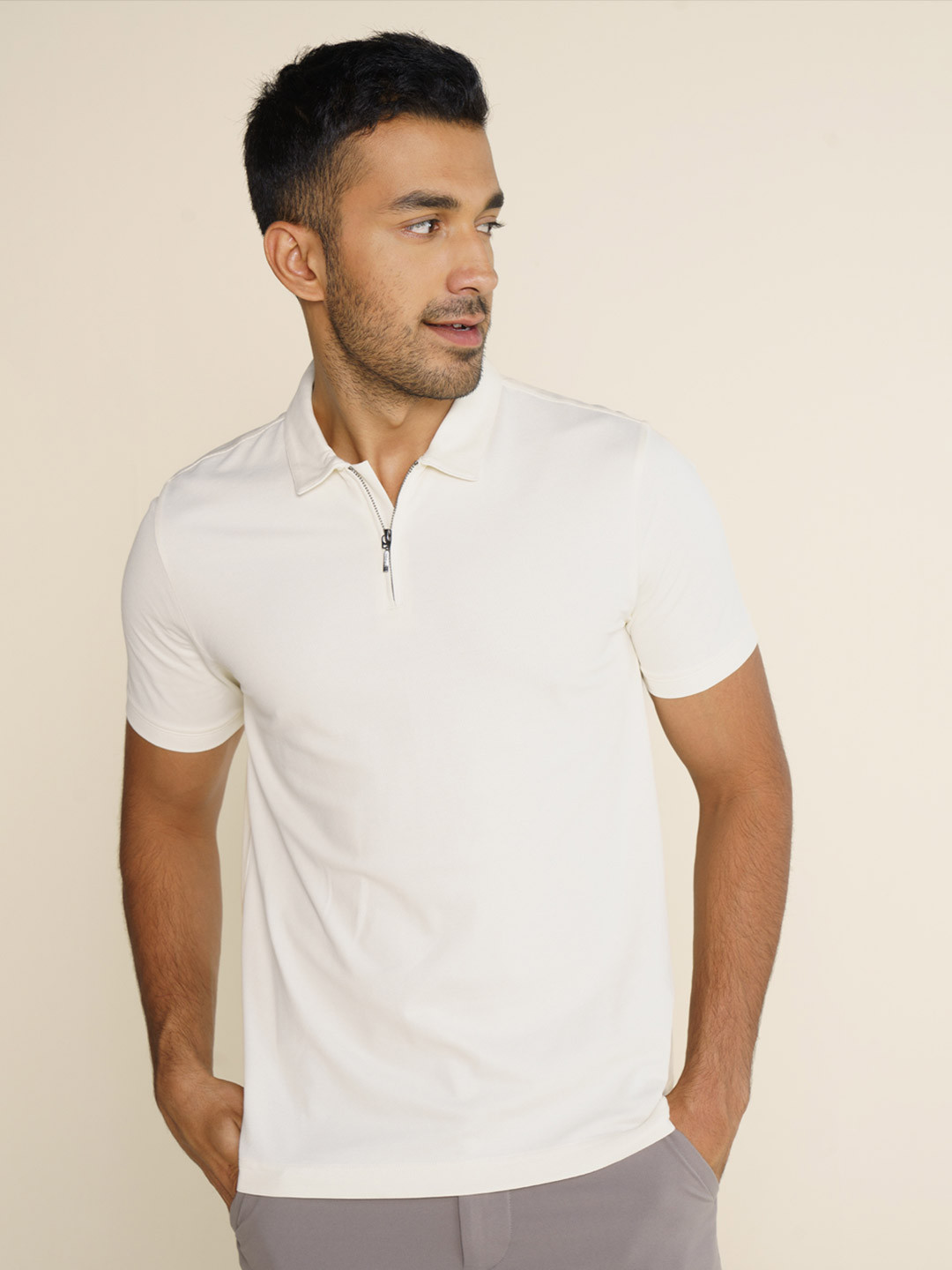 Constant All-Degree Pique Polo Zipper- Vanilla White