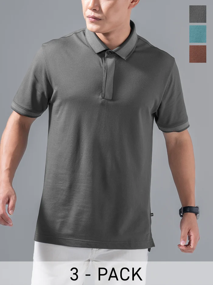 Elevated Coolmax Polos Virtual Pack of 3 Mystic Teal, Phantom Gray, Spiced Brown S