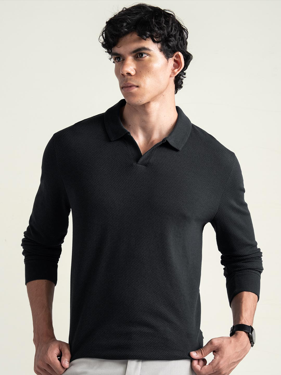 Statement Popcorn Full-Sleeve Polo Jet Black