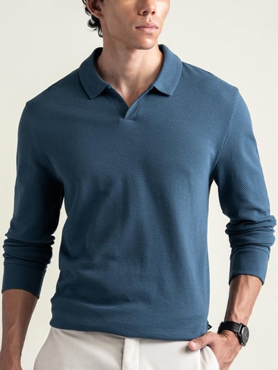 Statement Popcorn Full-Sleeve Polo Teal Blue