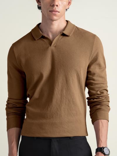 Statement Popcorn Full-Sleeve Polo Toffee Brown