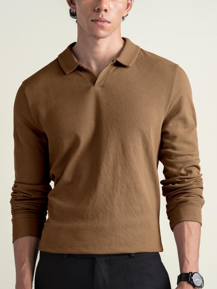 Statement Popcorn Full-Sleeve Polo Toffee Brown