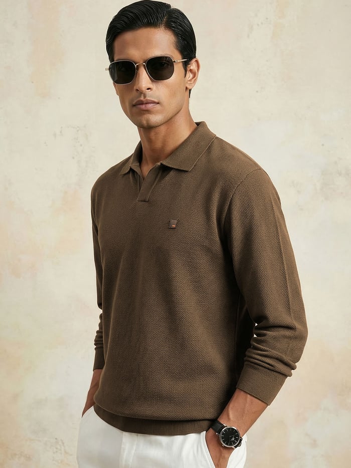 All Degree Full Sleeve Pique Polo Deccan Brown