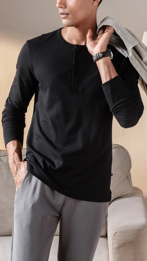 Statement Popcorn Textured Casual Tees Henley - Jet Black