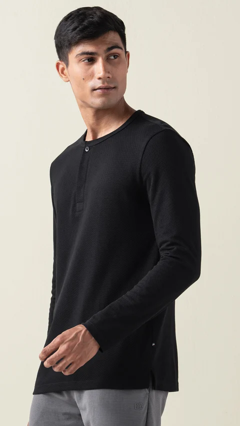 Statement Popcorn Textured Casual Tees Henley - Jet Black