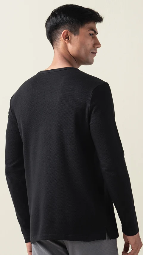 Statement Popcorn Textured Casual Tees Henley - Jet Black