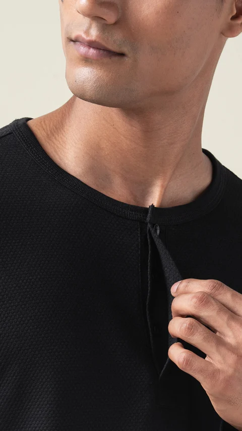 Statement Popcorn Textured Casual Tees Henley - Jet Black