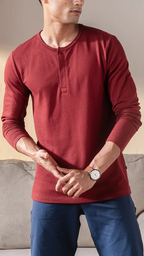 Statement Popcorn Textured Casual Tees Henley- Majestic Maroon