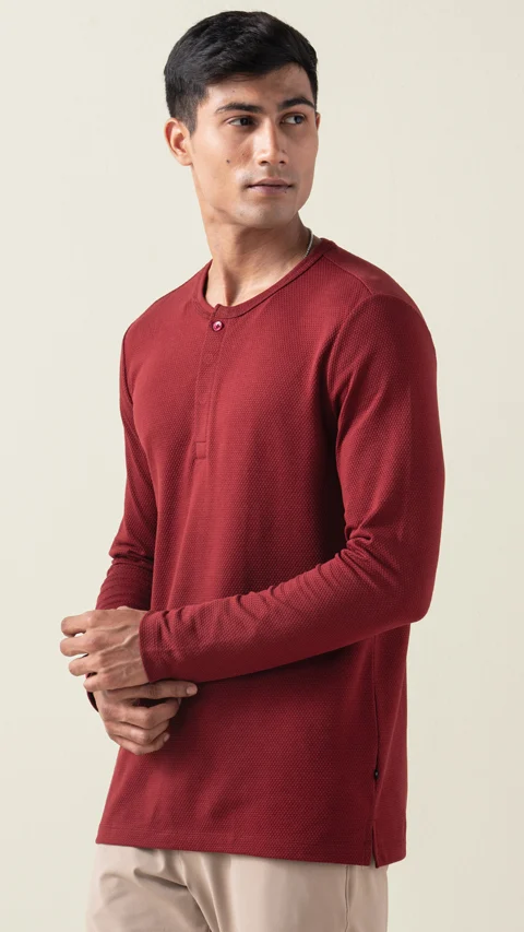 Statement Popcorn Textured Casual Tees Henley- Majestic Maroon