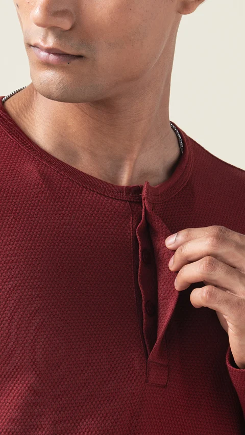 Statement Popcorn Textured Casual Tees Henley- Majestic Maroon