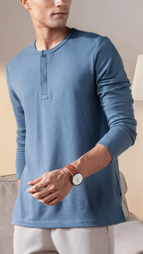 Statement Popcorn Textured Casual Tees Henley - Ocean Blue