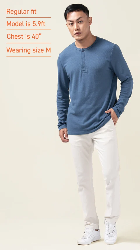 Statement Popcorn Textured Casual Tees Henley - Ocean Blue