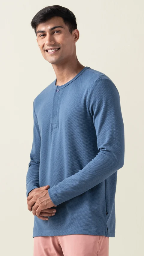 Statement Popcorn Textured Casual Tees Henley - Ocean Blue