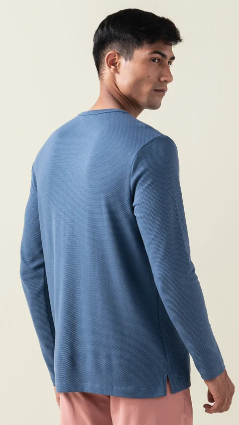 Statement Popcorn Textured Casual Tees Henley - Ocean Blue