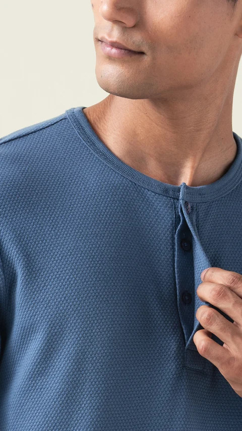 Statement Popcorn Textured Casual Tees Henley - Ocean Blue