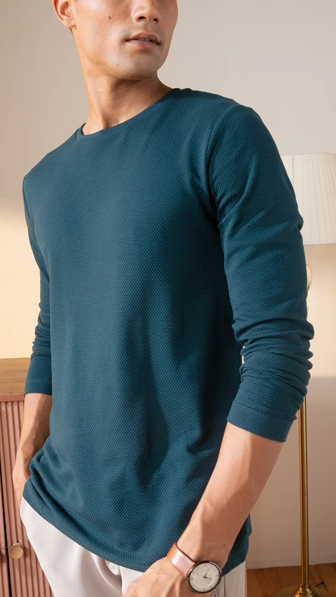Statement Popcorn Textured Casual Tees Teal Blue
