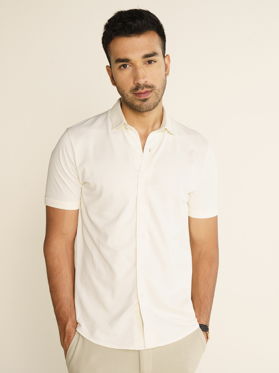 Constant All-Degree Pique Shirts Half Sleeves Ivory White