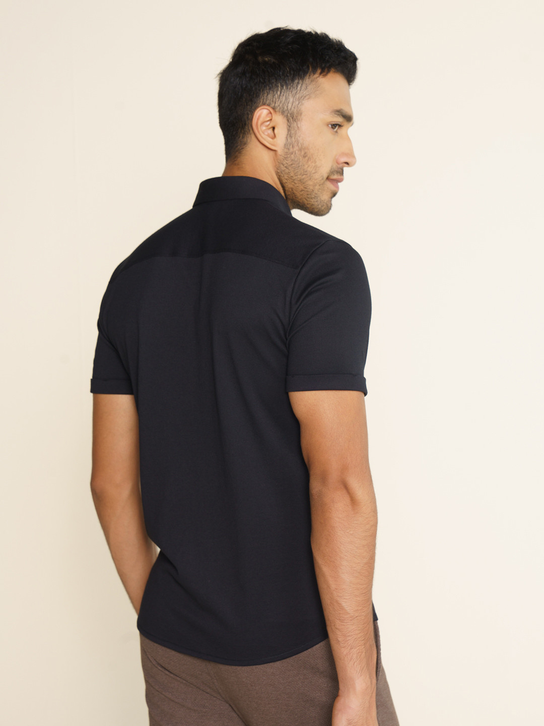 Mens Half Sleeve Shirt | Pique Shirt Jet Black - DaMENSCH
