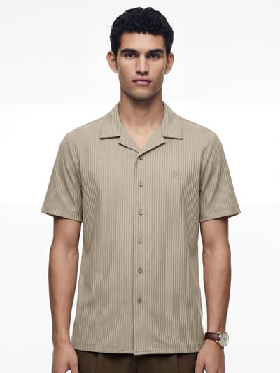 Striped Cuban Collar Shirt Iced Beige