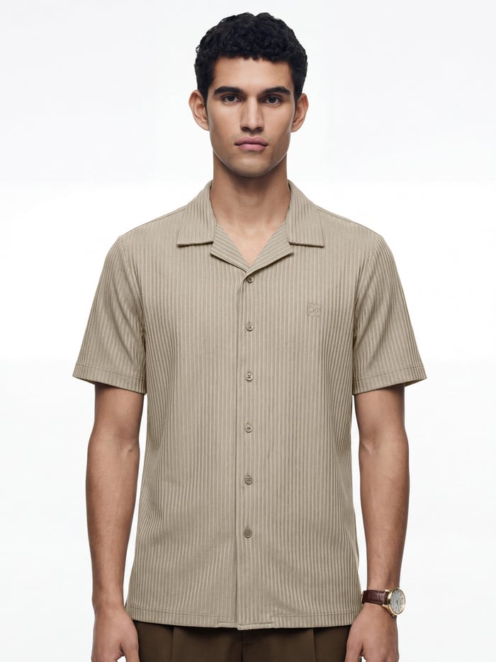 Striped Cuban Collar Shirt Iced Beige