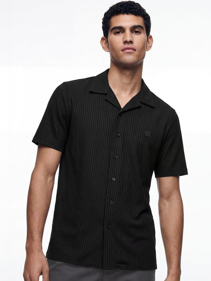 Striped Cuban Collar Shirt Night Black
