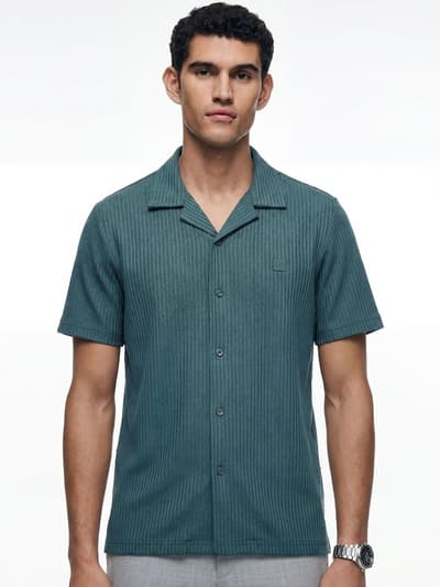 Striped Cuban Collar Shirt Poolside Teal