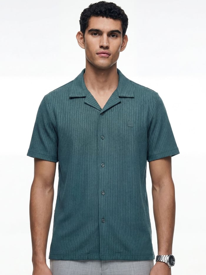 Striped Cuban Collar Shirt Poolside Teal