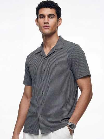 Striped Cuban Collar Shirt River Grey