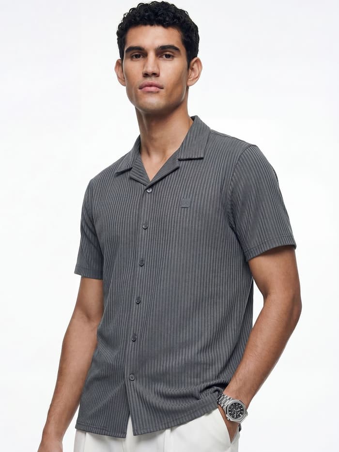 Striped Cuban Collar Shirt River Grey