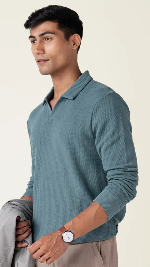 Statement Waffle Full-Sleeve Polo Sage Green