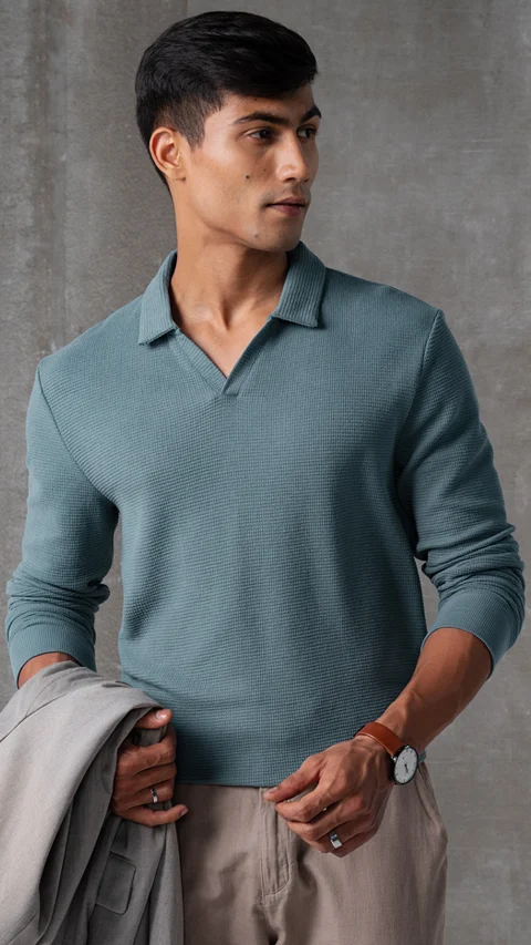 Statement Waffle Full-Sleeve Polo Sage Green