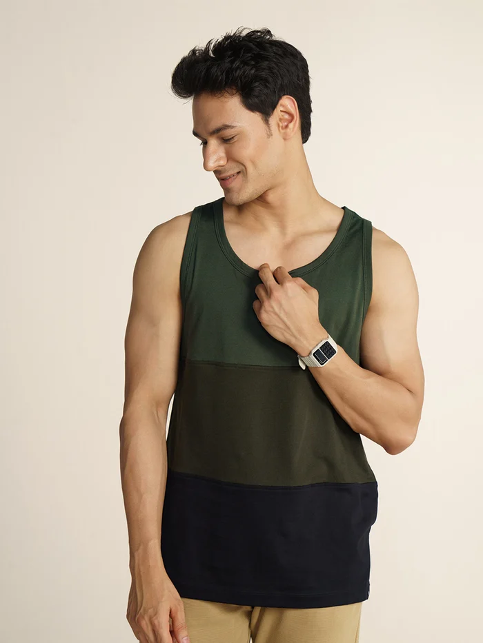 Fluid Casual Tank Tops Green & Black Splicing