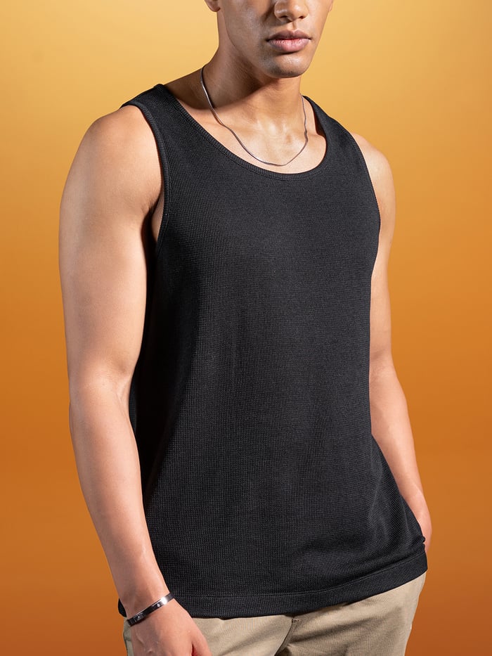 Statement Waffle Tank Top Jet Black