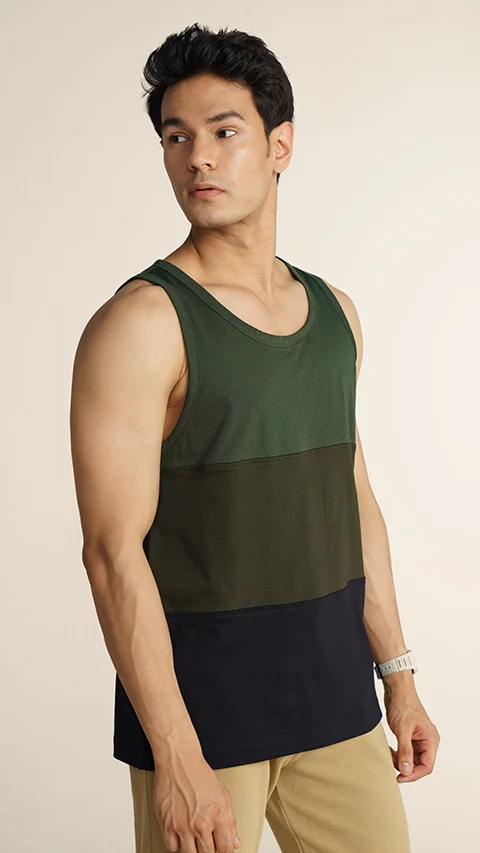 Fluid Casual Tank Tops Green & Black Splicing