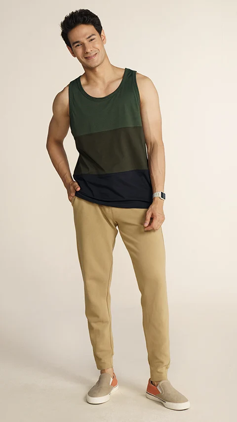 Fluid Casual Tank Tops Green & Black Splicing