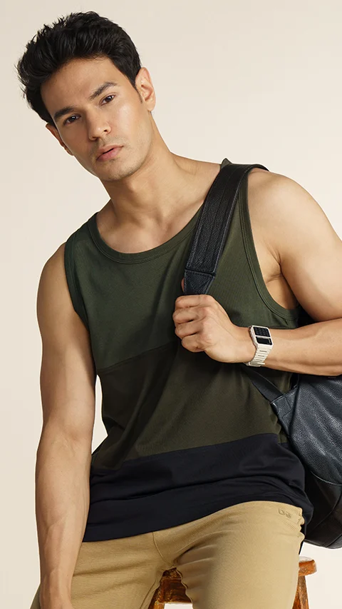 Fluid Casual Tank Tops Green & Black Splicing