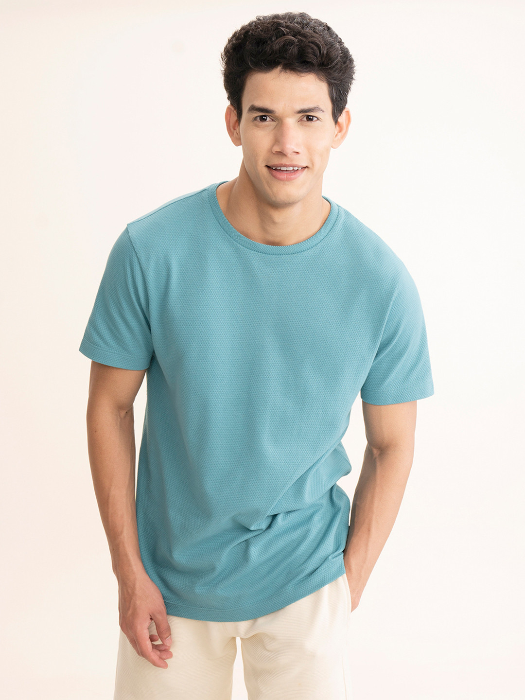 Statement Popcorn Textured Casual Tees Premium Teal