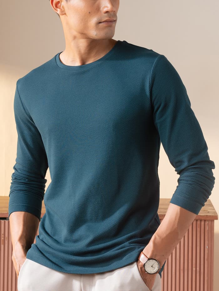 Statement Popcorn Textured Casual Tees Teal Blue