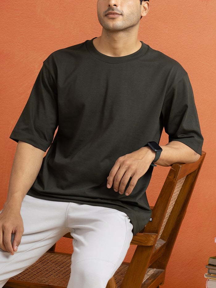 Statement Oversized Solid T-Shirts Olive Green