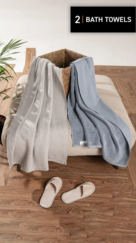 Waffle-Plush Bath Towels- Pack Of 2 Earthy Blue, Fog Grey