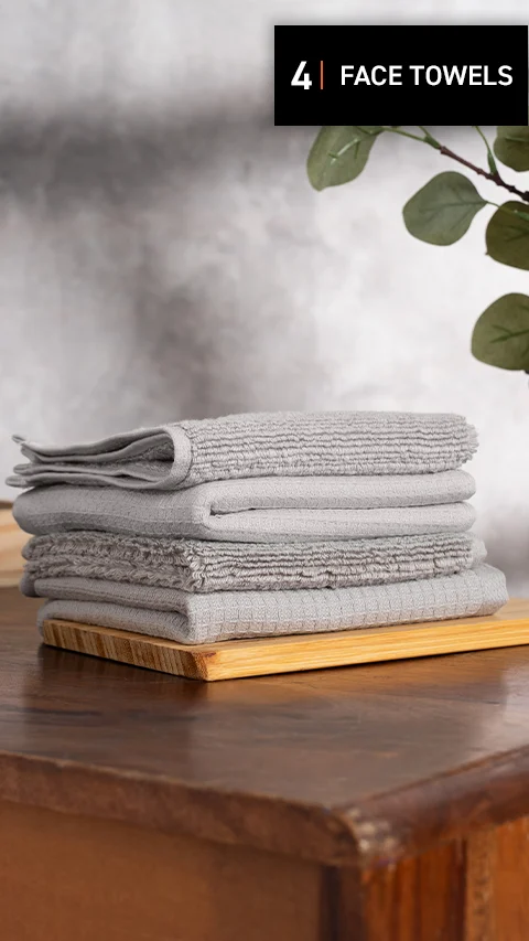 Waffle-Plush Face Towels- Pack Of 4 Fog Grey