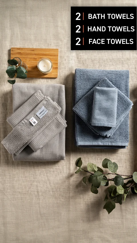 Waffle-Plush Towels- Set Of 6 Earthy Blue, Fog Grey