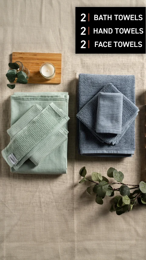 Waffle-Plush Towels- Set Of 6 Earthy Blue, Sea Green