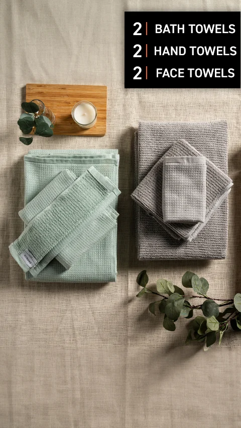 Waffle-Plush Towels- Set Of 6 Sea Green, Fog Grey