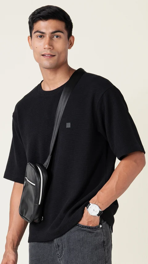 Statement Waffle Oversized T-Shirt Jet Black