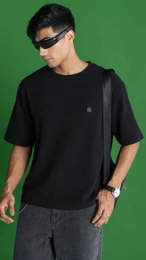 Statement Waffle Oversized T-Shirt Jet Black