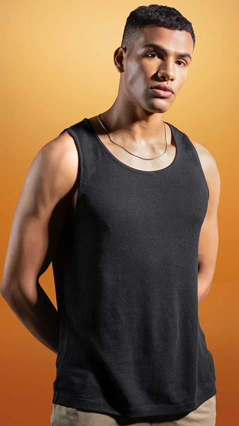 Statement Waffle Tank Top Jet Black