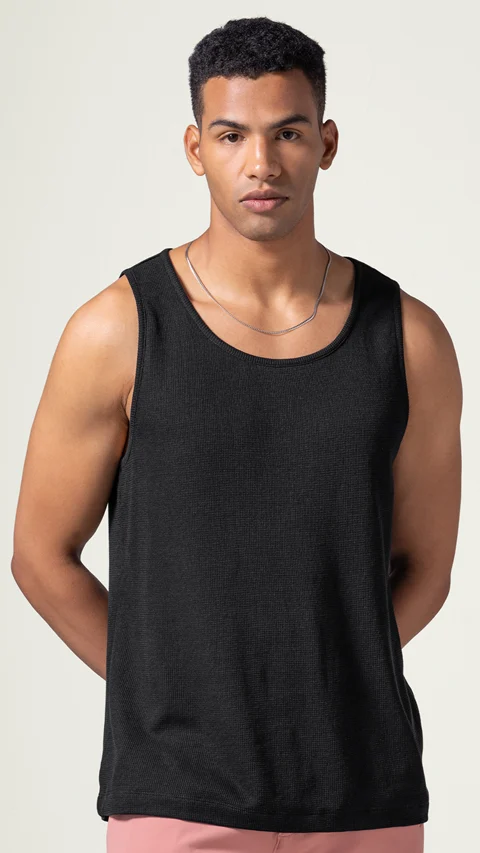 Statement Waffle Tank Top Jet Black